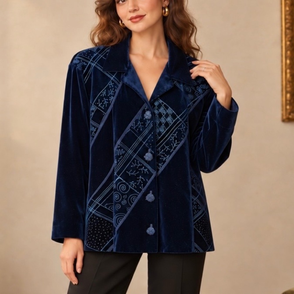 Vintage Nancy Bolen Blue Velvet Glitter Print Button Up Top Jacket Large 90s Y2K
